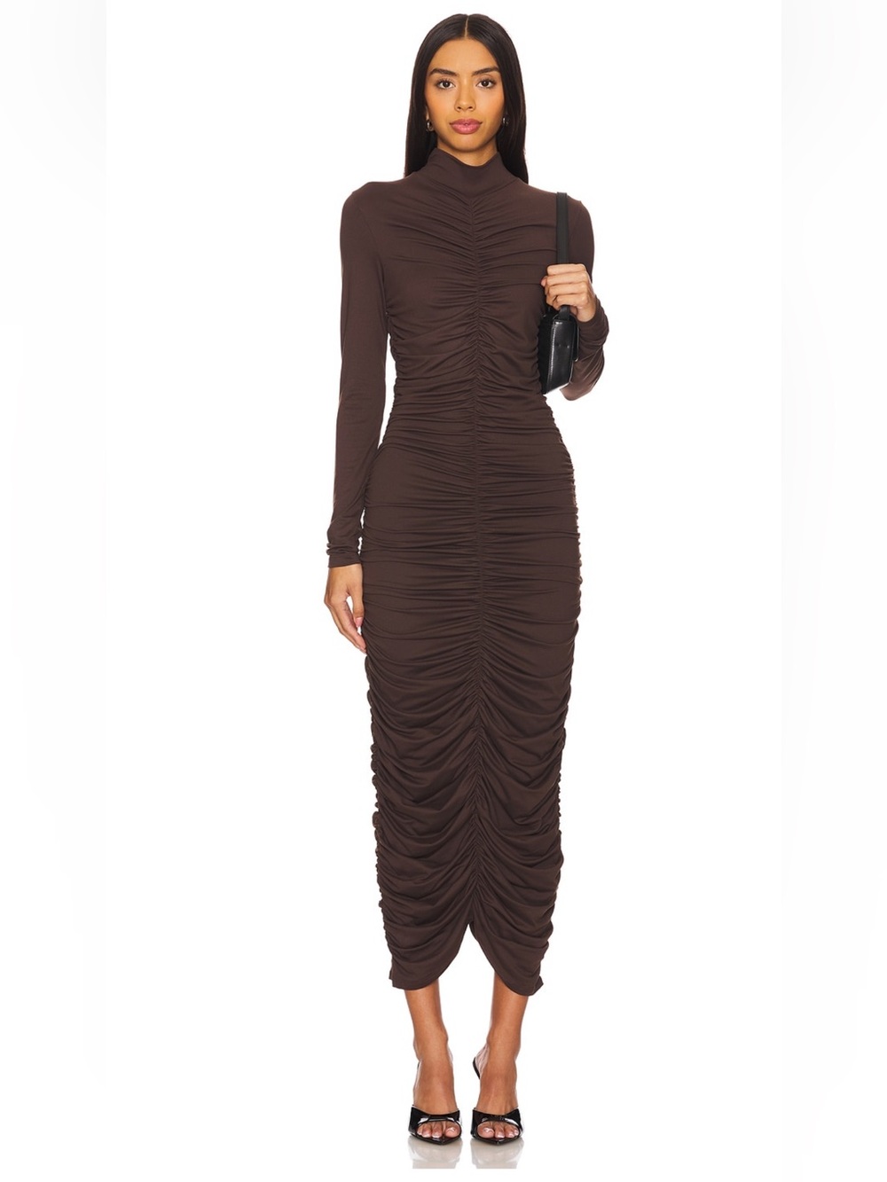 Susana Monaco Brown Ruched Long-Sleeve Mock Neck Maxi Dress